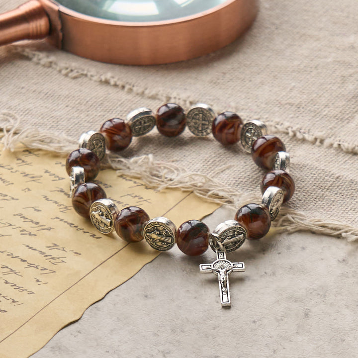 Tri-Color Beads Bracelet with Silver St. Benedict Medal and Crucifix: Divine Faith Artistry