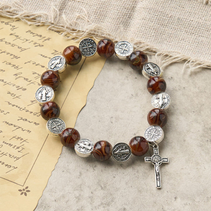 Tri-Color Beads Bracelet with Silver St. Benedict Medal and Crucifix: Divine Faith Artistry