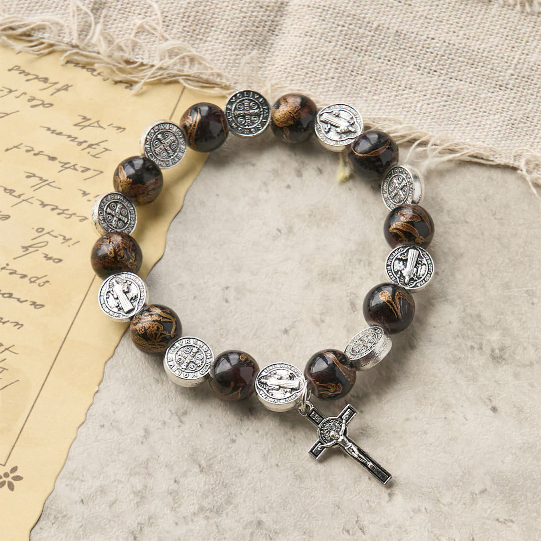 Tri-Color Beads Bracelet with Silver St. Benedict Medal and Crucifix: Divine Faith Artistry