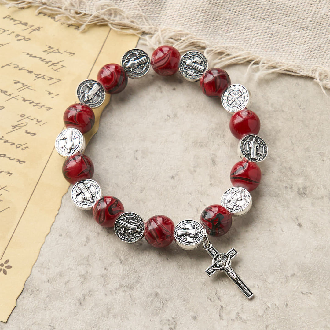 Tri-Color Beads Bracelet with Silver St. Benedict Medal and Crucifix: Divine Faith Artistry