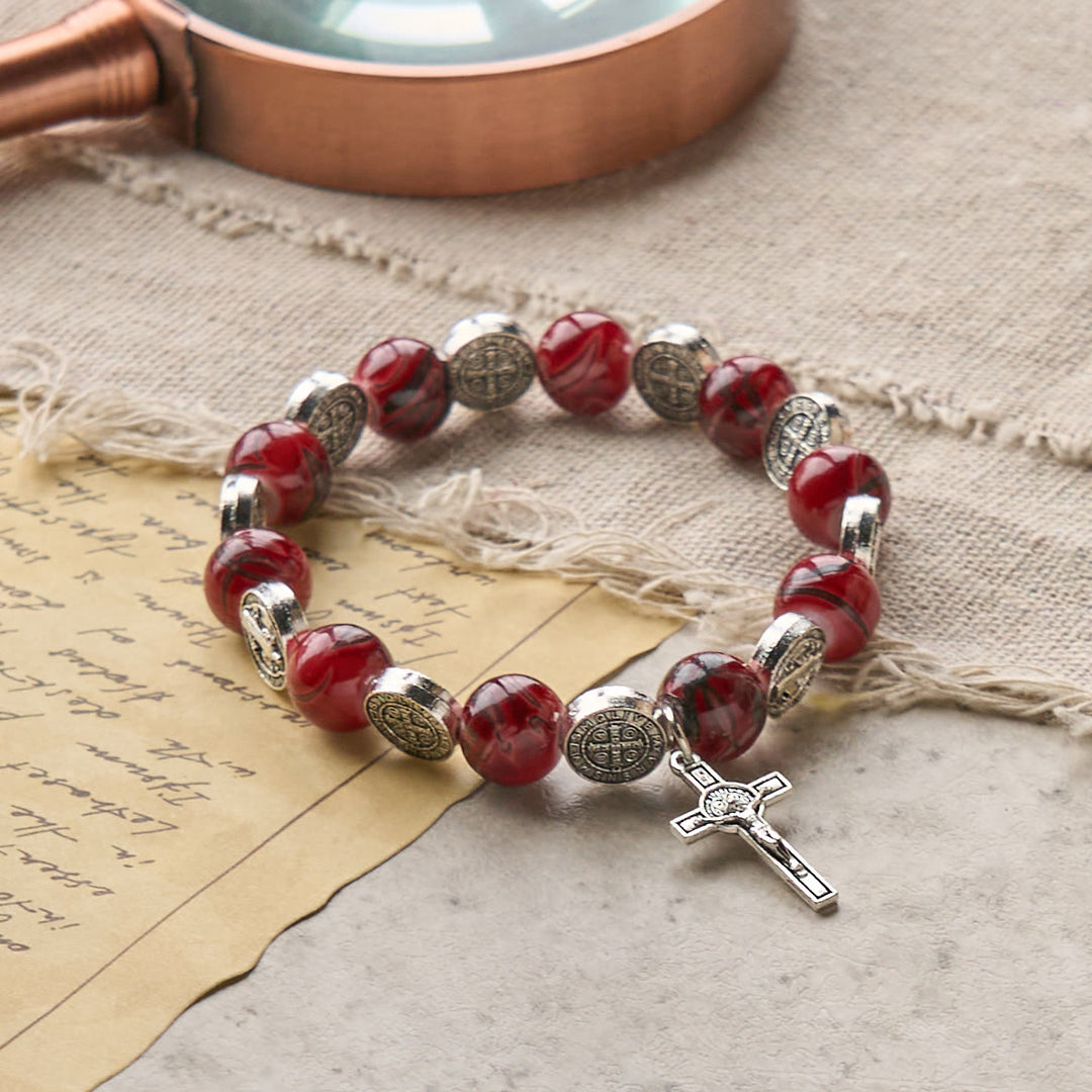 Tri-Color Beads Bracelet with Silver St. Benedict Medal and Crucifix: Divine Faith Artistry
