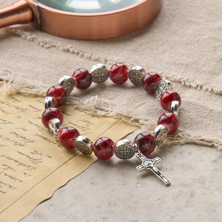 Tri-Color Beads Bracelet with Silver St. Benedict Medal and Crucifix: Divine Faith Artistry