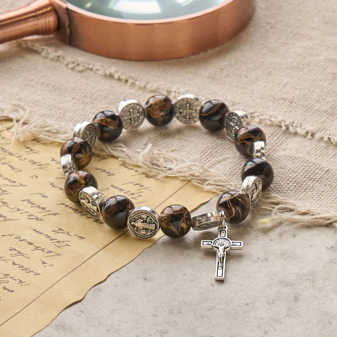 Tri-Color Beads Bracelet with Silver St. Benedict Medal and Crucifix: Divine Faith Artistry