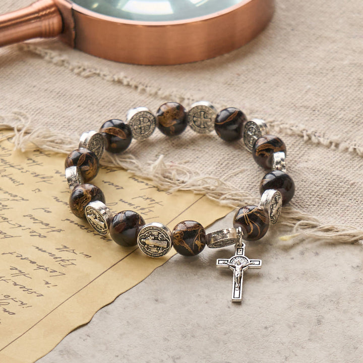 Tri-Color Beads Bracelet with Silver St. Benedict Medal and Crucifix: Divine Faith Artistry