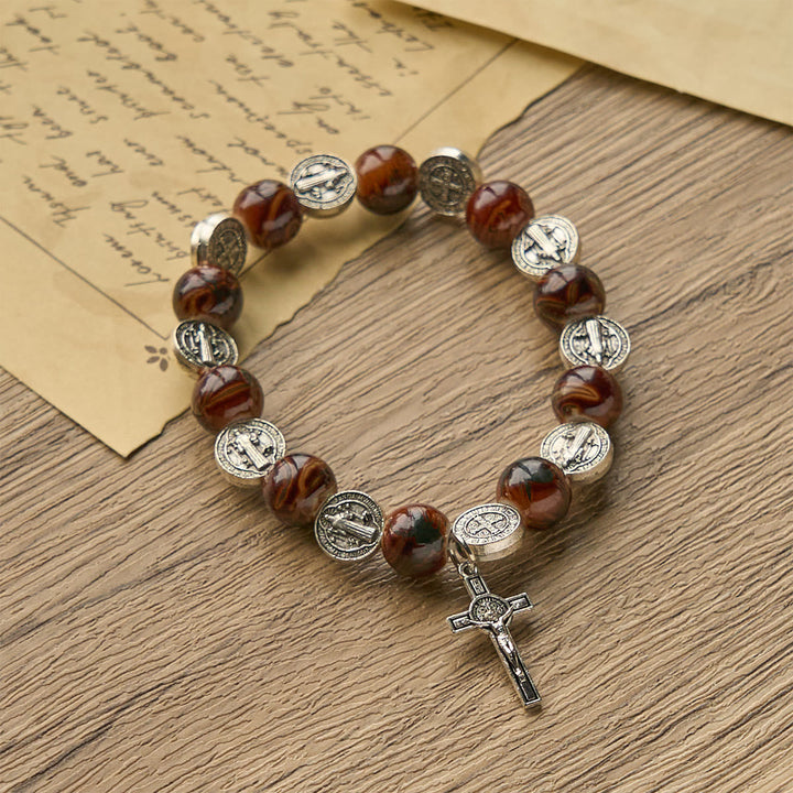Tri-Color Beads Bracelet with Silver St. Benedict Medal and Crucifix: Divine Faith Artistry