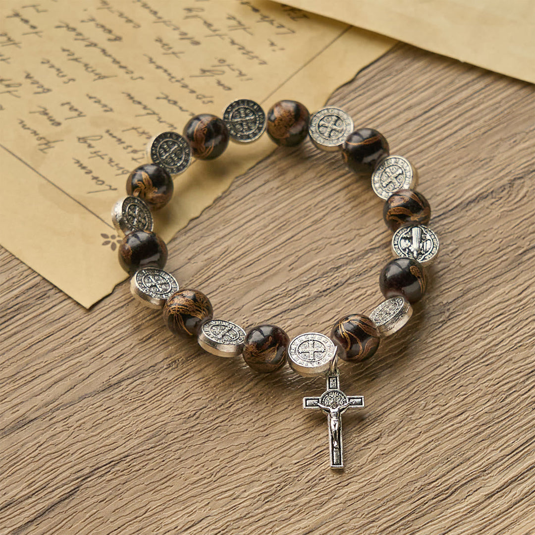 Tri-Color Beads Bracelet with Silver St. Benedict Medal and Crucifix: Divine Faith Artistry
