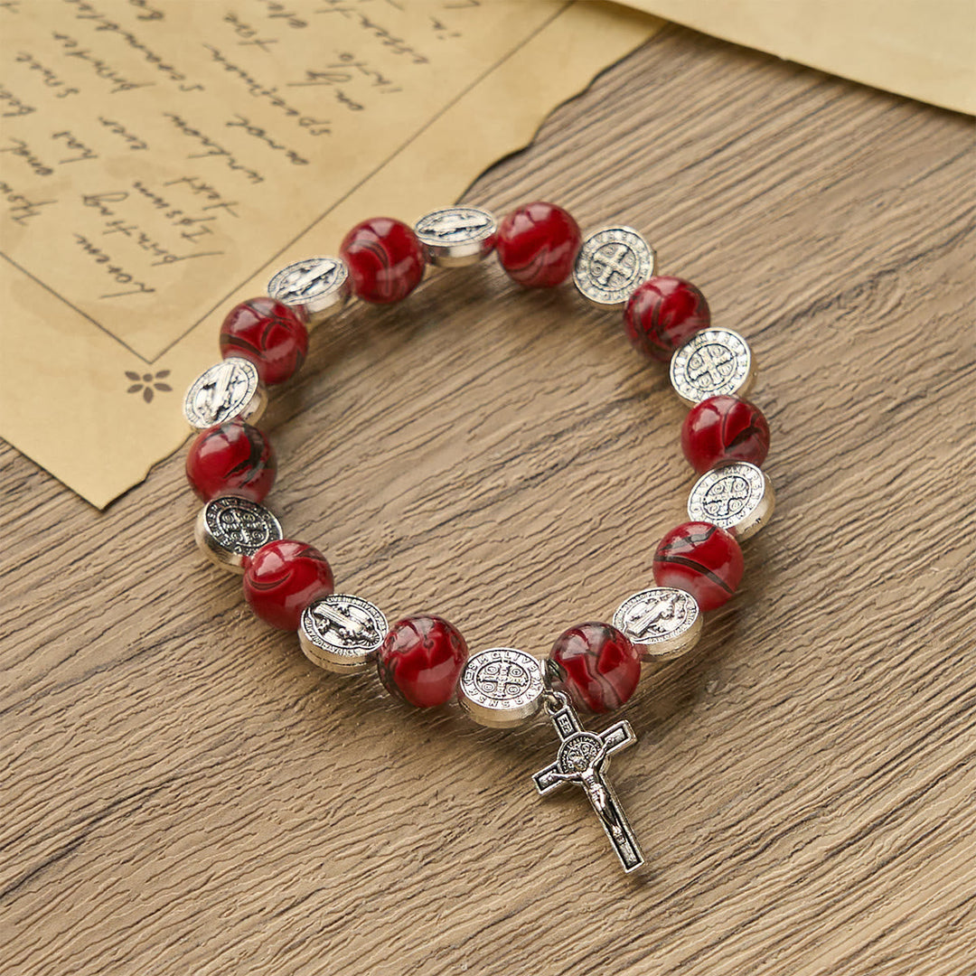 Tri-Color Beads Bracelet with Silver St. Benedict Medal and Crucifix: Divine Faith Artistry