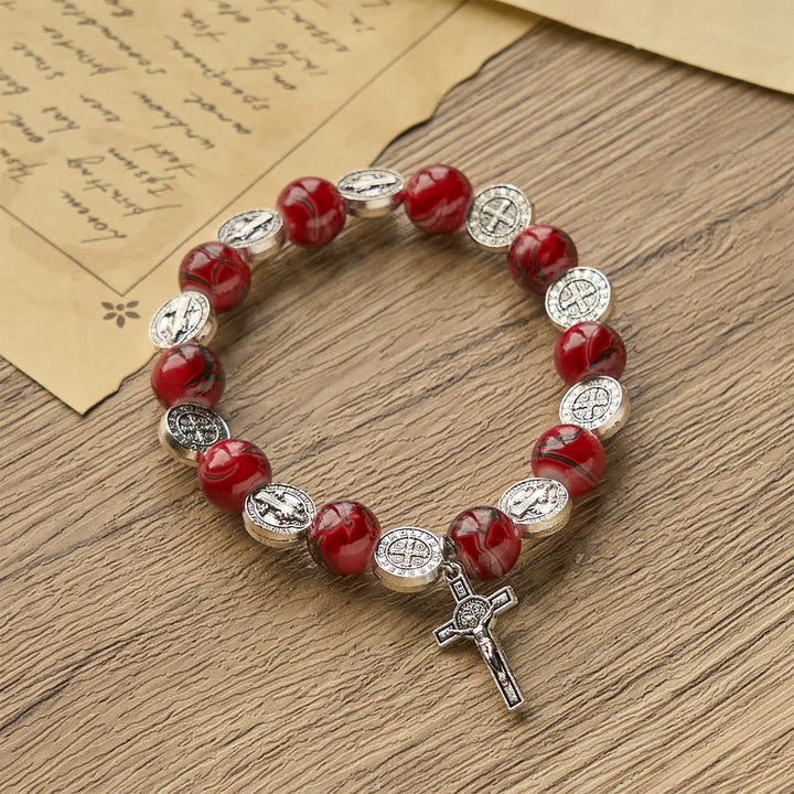 Tri-Color Beads Bracelet with Silver St. Benedict Medal and Crucifix: Divine Faith Artistry
