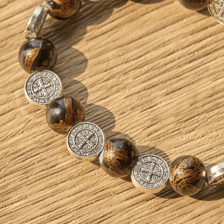Tri-Color Beads Bracelet with Silver St. Benedict Medal and Crucifix: Divine Faith Artistry