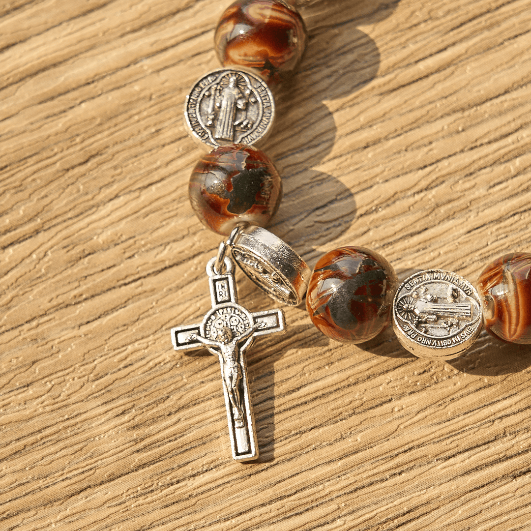 Tri-Color Beads Bracelet with Silver St. Benedict Medal and Crucifix: Divine Faith Artistry