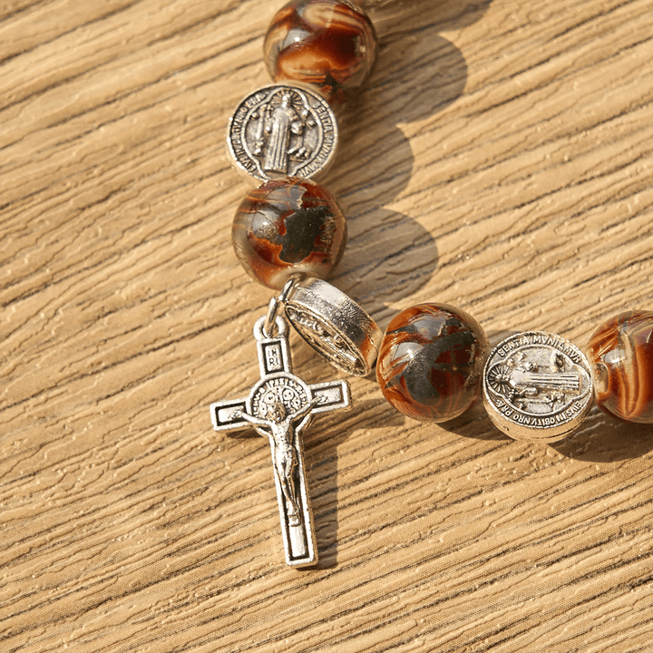 Tri-Color Beads Bracelet with Silver St. Benedict Medal and Crucifix: Divine Faith Artistry