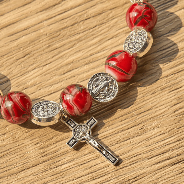 Tri-Color Beads Bracelet with Silver St. Benedict Medal and Crucifix: Divine Faith Artistry