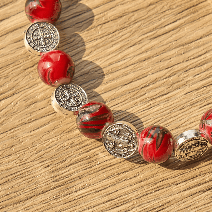Tri-Color Beads Bracelet with Silver St. Benedict Medal and Crucifix: Divine Faith Artistry