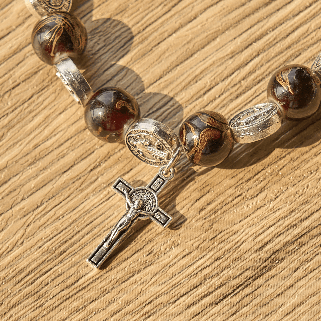 Tri-Color Beads Bracelet with Silver St. Benedict Medal and Crucifix: Divine Faith Artistry