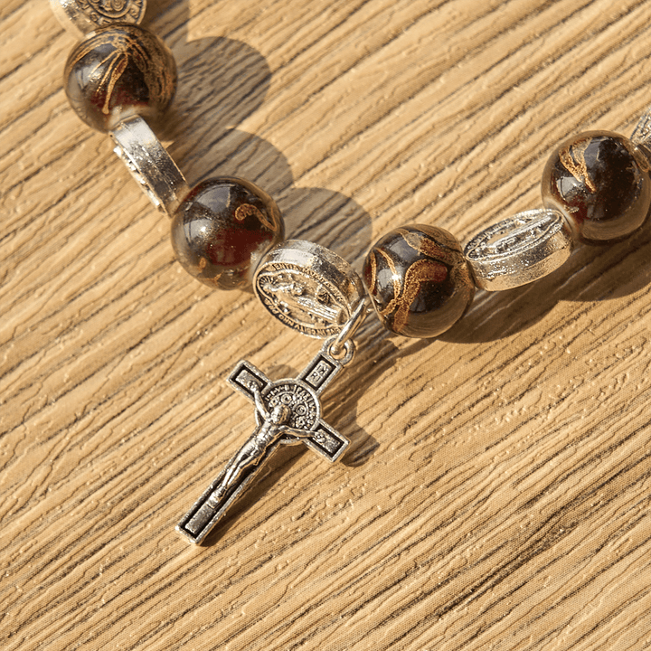 Tri-Color Beads Bracelet with Silver St. Benedict Medal and Crucifix: Divine Faith Artistry