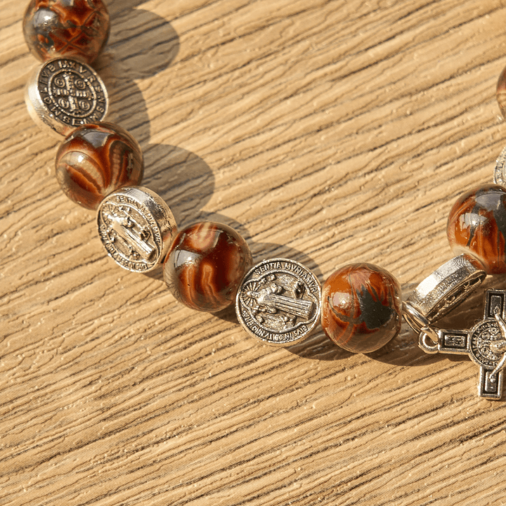 Tri-Color Beads Bracelet with Silver St. Benedict Medal and Crucifix: Divine Faith Artistry