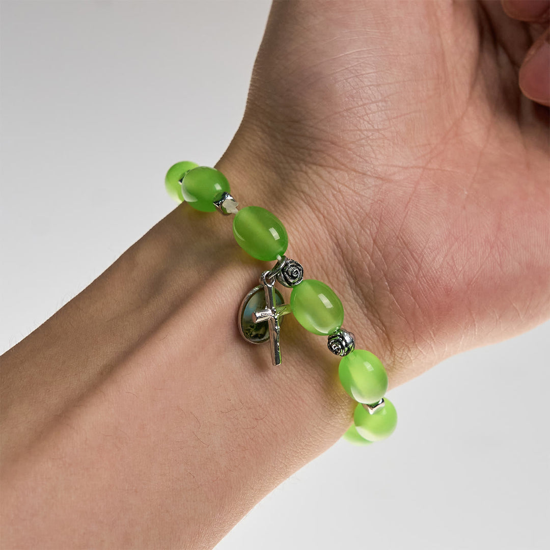 St. Jude & Crucifix Pendant Green Clear Beads Rose Bracelet