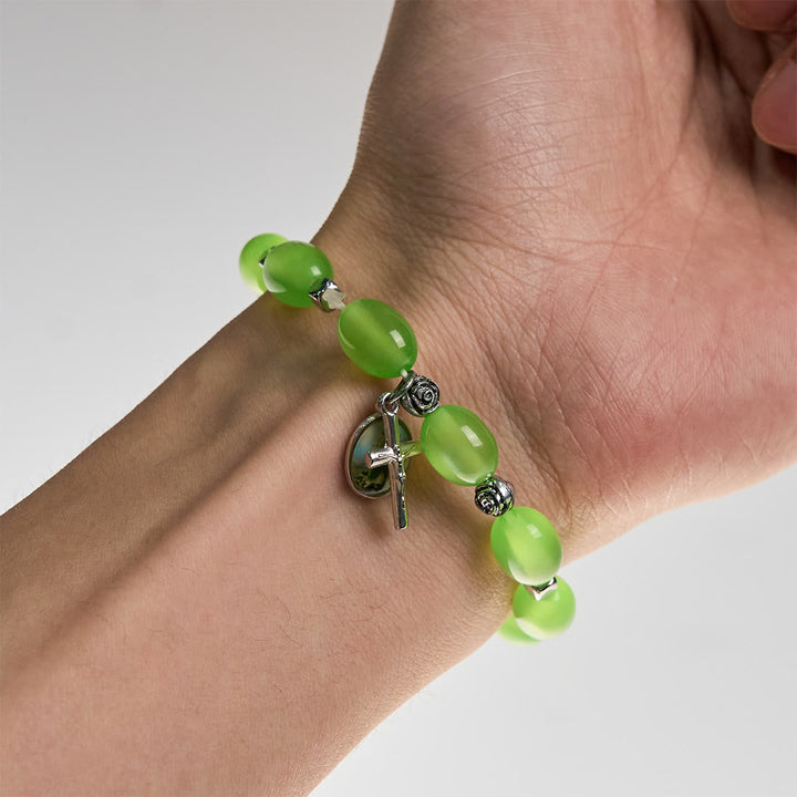 St. Jude & Crucifix Pendant Green Clear Beads Rose Bracelet
