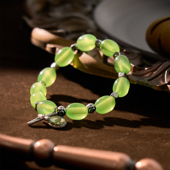 St. Jude & Crucifix Pendant Green Clear Beads Rose Bracelet