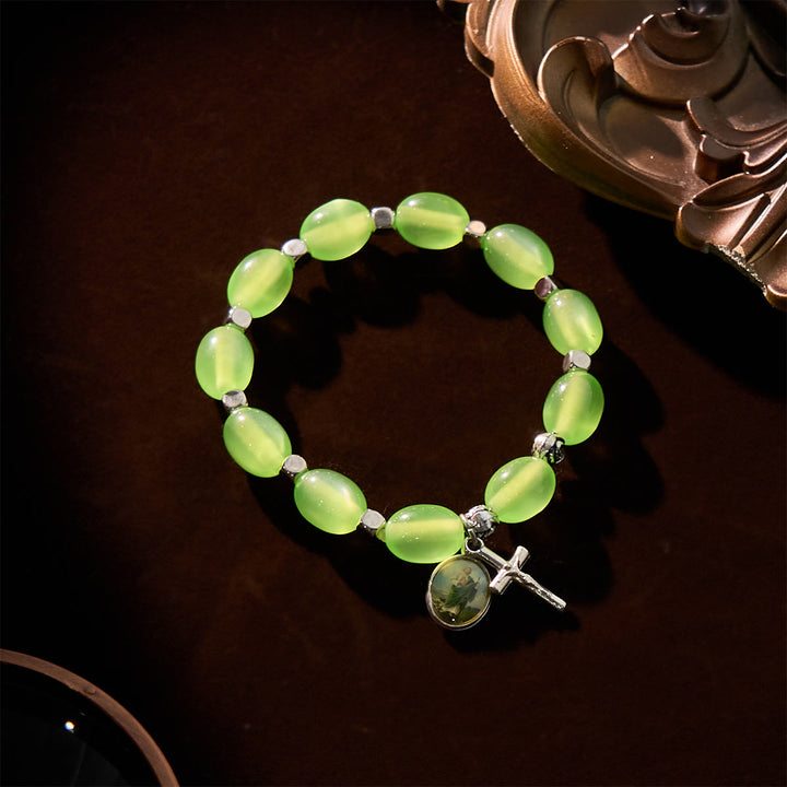 St. Jude & Crucifix Pendant Green Clear Beads Rose Bracelet