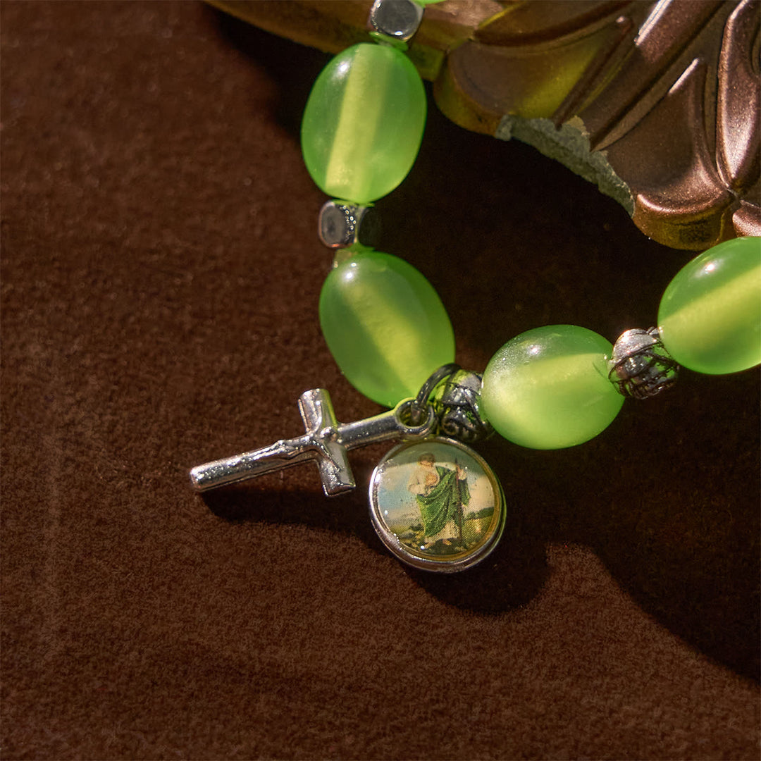 St. Jude & Crucifix Pendant Green Clear Beads Rose Bracelet