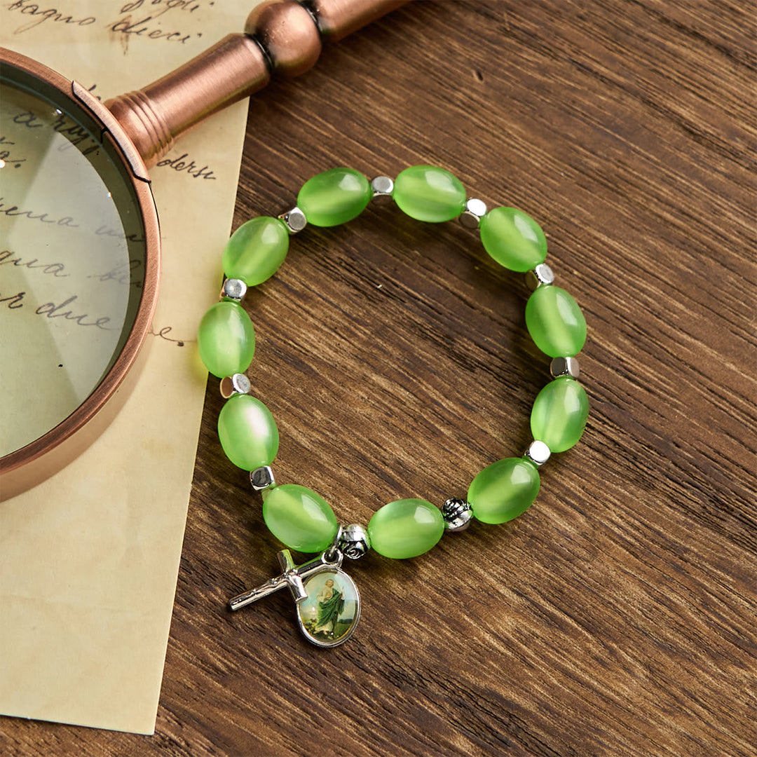 St. Jude & Crucifix Pendant Green Clear Beads Rose Bracelet