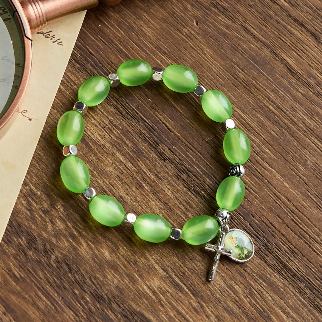 St. Jude & Crucifix Pendant Green Clear Beads Rose Bracelet