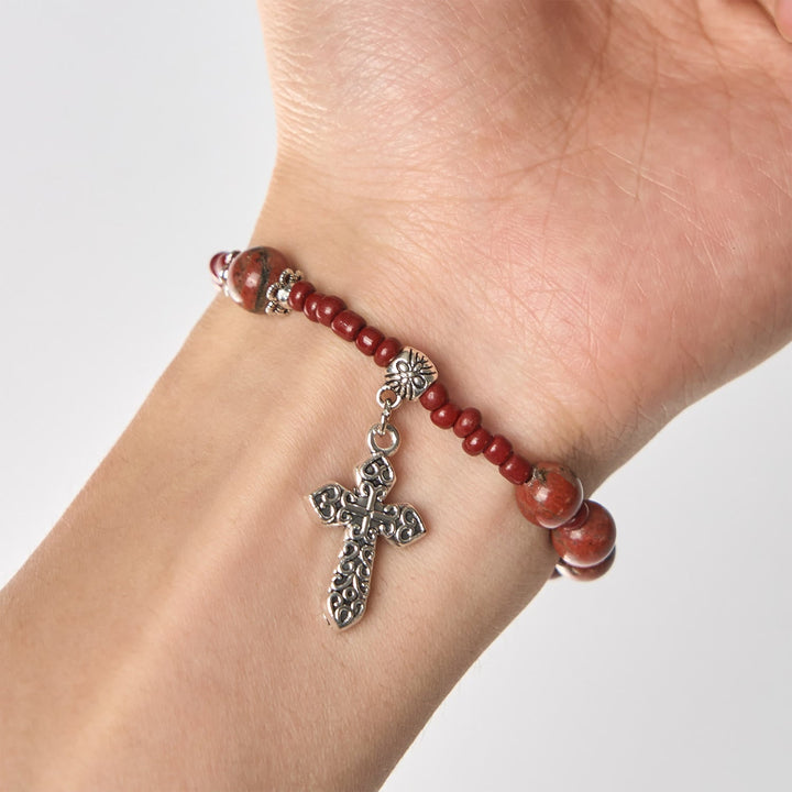 8mm Red Sesame Stone One Decade Rosary Bracelet with Miraculous Medal & Cross