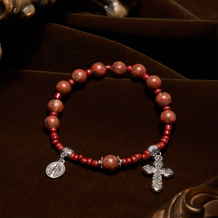 8mm Red Sesame Stone One Decade Rosary Bracelet with Miraculous Medal & Cross