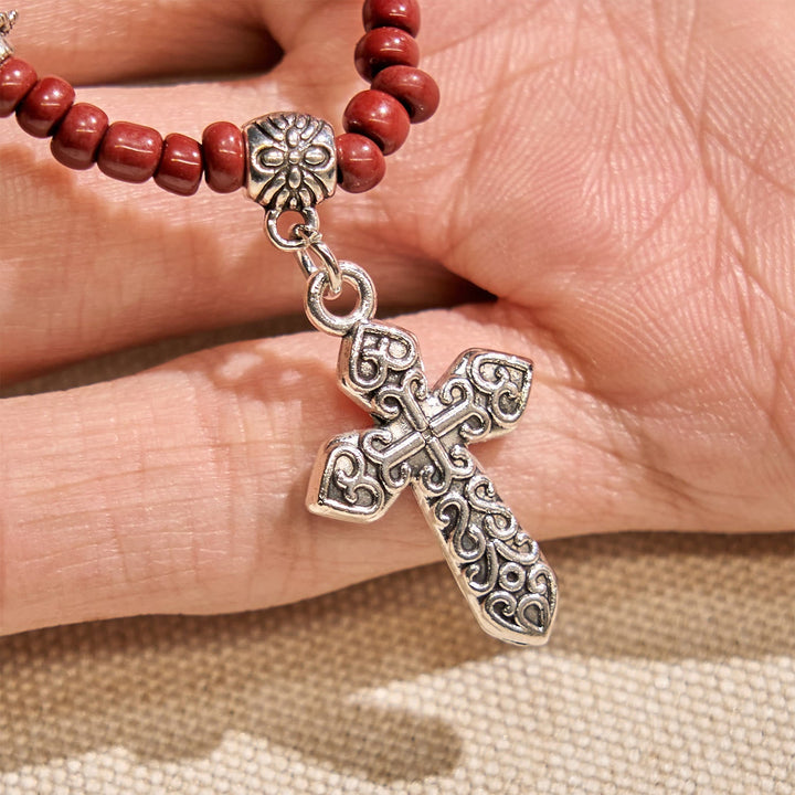 8mm Red Sesame Stone One Decade Rosary Bracelet with Miraculous Medal & Cross