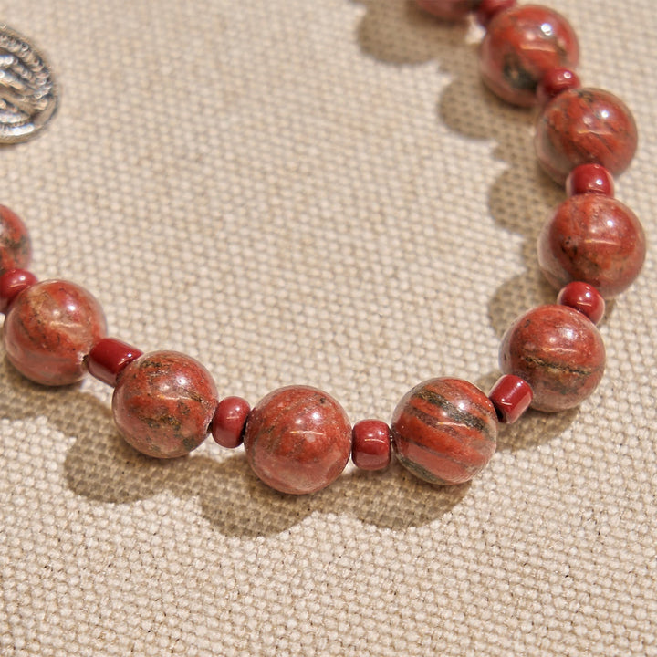8mm Red Sesame Stone One Decade Rosary Bracelet with Miraculous Medal & Cross