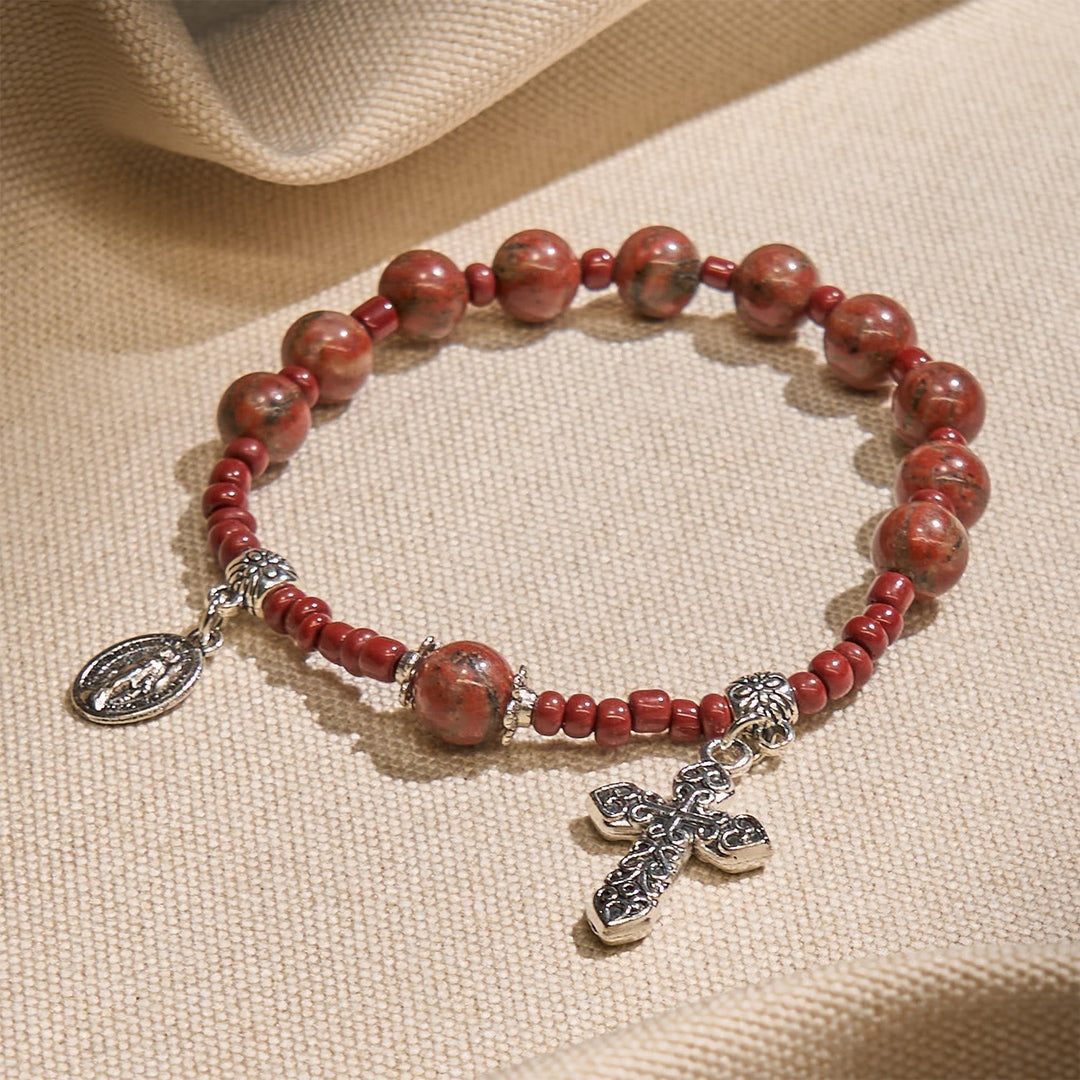 8mm Red Sesame Stone One Decade Rosary Bracelet with Miraculous Medal & Cross