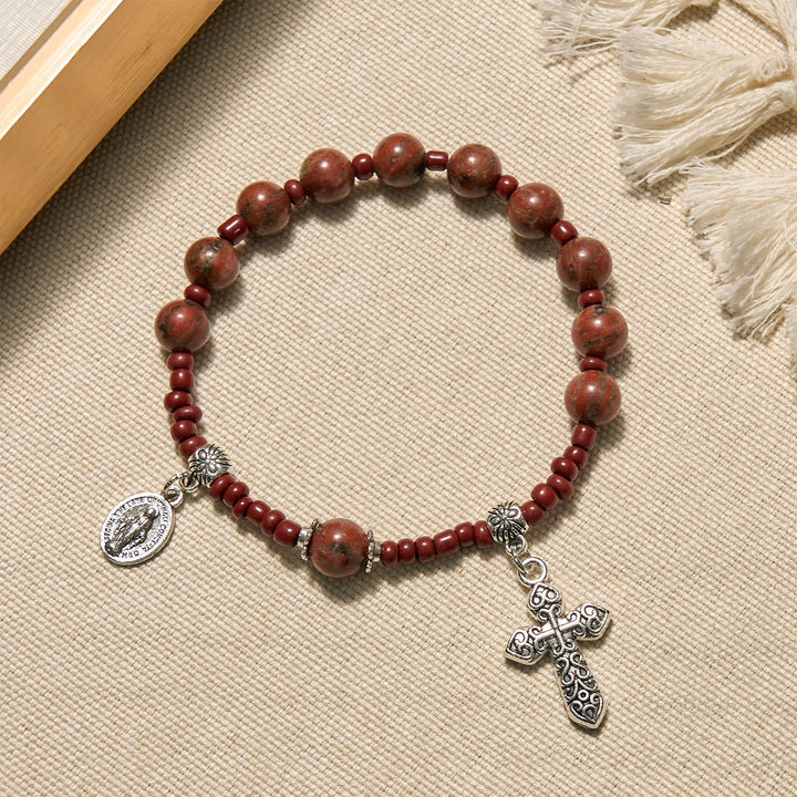8mm Red Sesame Stone One Decade Rosary Bracelet with Miraculous Medal & Cross