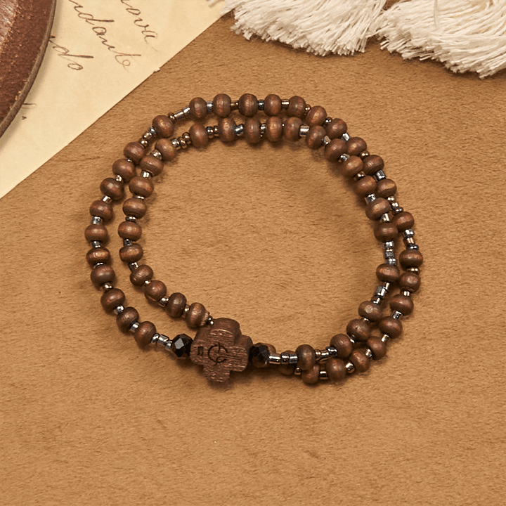 Classic Wooden Bead Bracelet with Cross: Timeless Emblem of Understated Faith