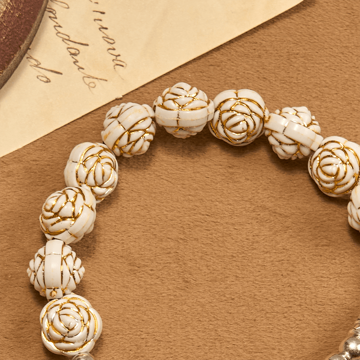 Artistically Sculpted 10mm White Rose Bead Rosary Bracelet with Crucifix