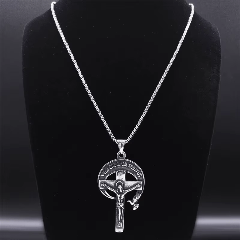 Retro Style Antique Sacred Crucifix with Dove of the Holy Spirit & Veni Creator Spiritus