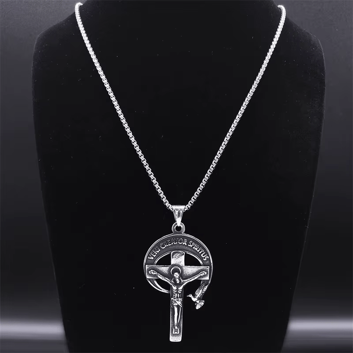Retro Style Antique Sacred Crucifix with Dove of the Holy Spirit & Veni Creator Spiritus