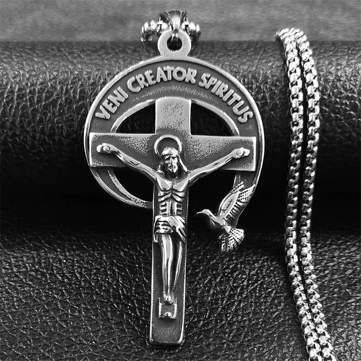 Retro Style Antique Sacred Crucifix with Dove of the Holy Spirit & Veni Creator Spiritus
