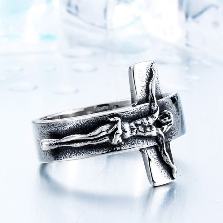 Vintage Crucifix Relief Stainless Steel Ring: Strength Through Sacred Sacrifice