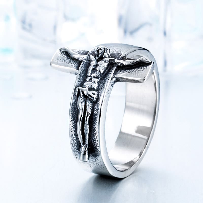 Vintage Crucifix Relief Stainless Steel Ring: Strength Through Sacred Sacrifice