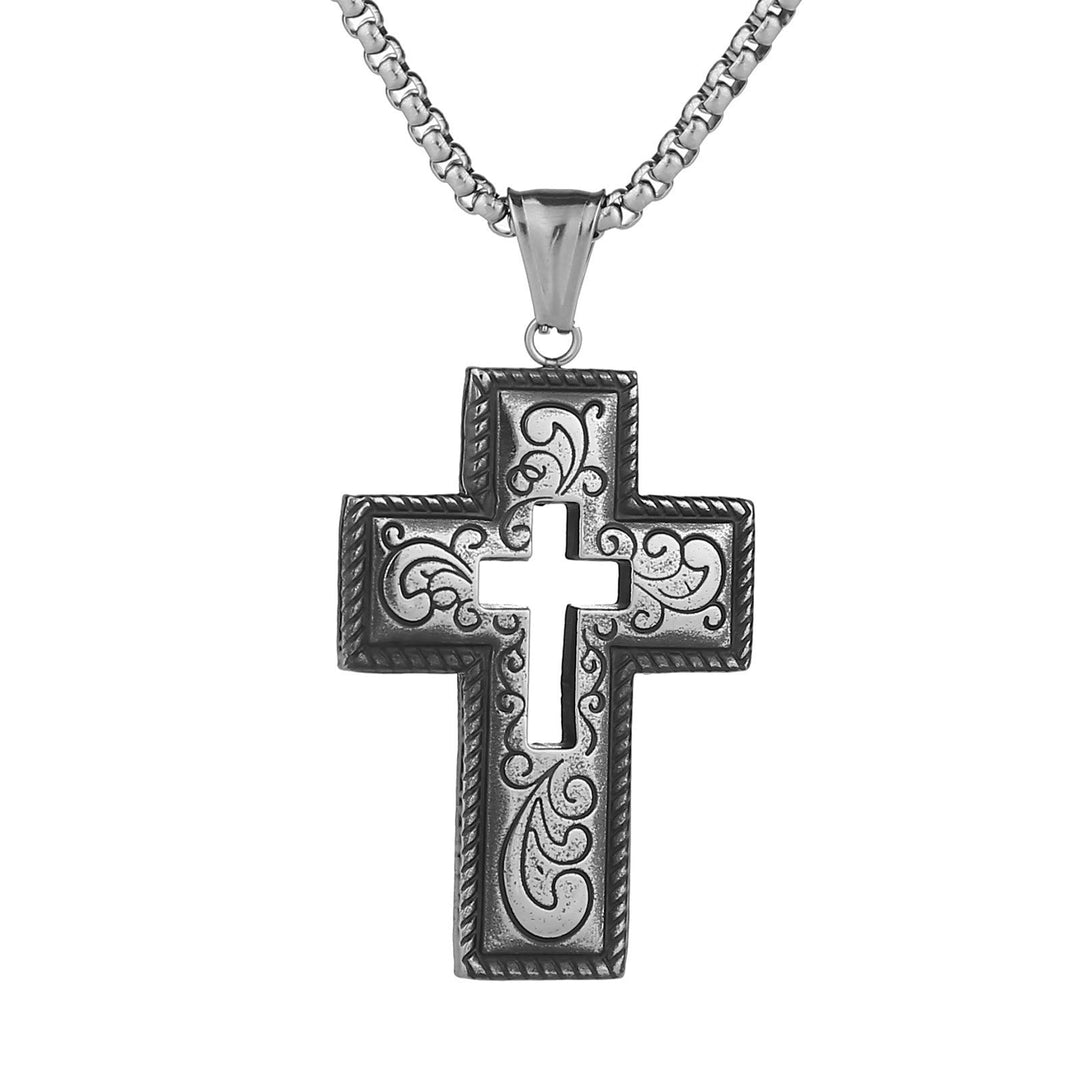 Vintage Antique Hollow Center Cross Necklace with Floral Scroll Design
