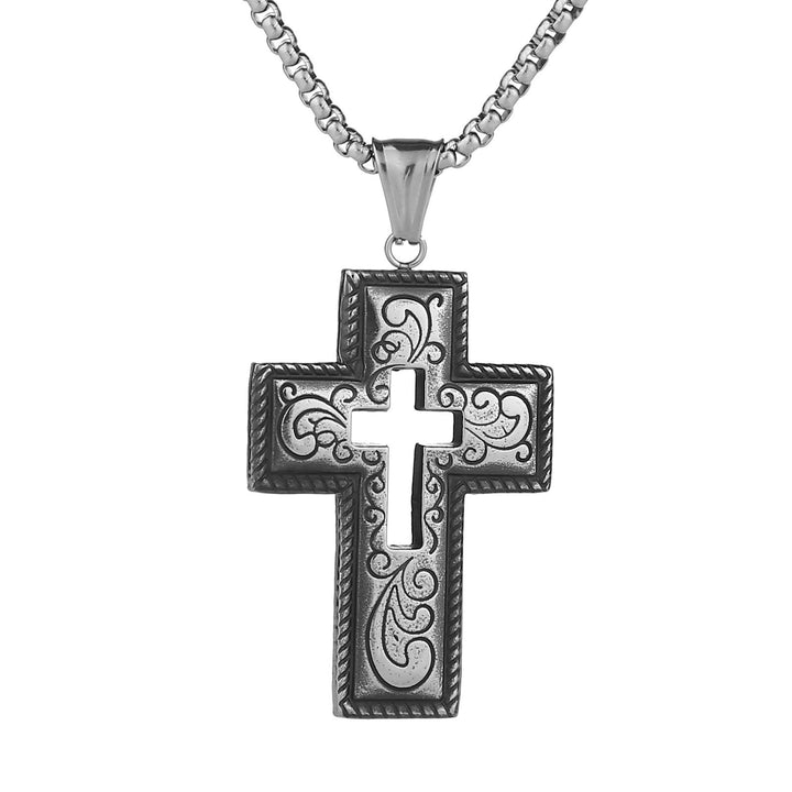 Vintage Antique Hollow Center Cross Necklace with Floral Scroll Design