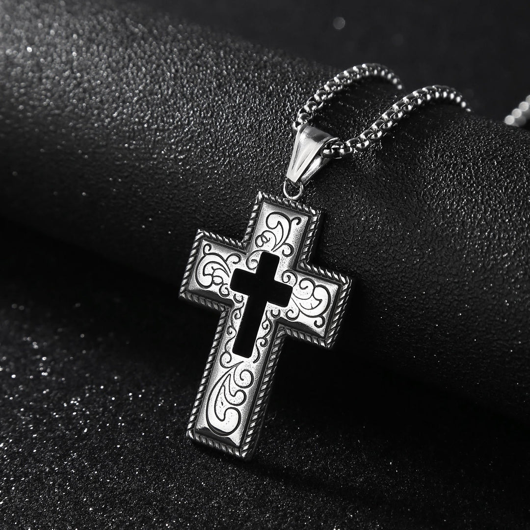 Vintage Antique Hollow Center Cross Necklace with Floral Scroll Design