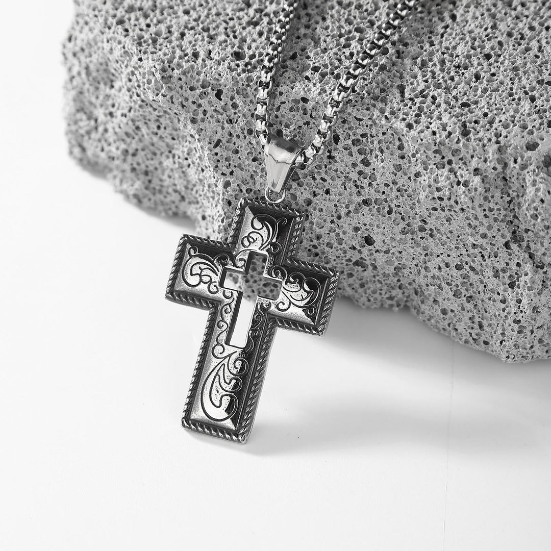 Vintage Antique Hollow Center Cross Necklace with Floral Scroll Design