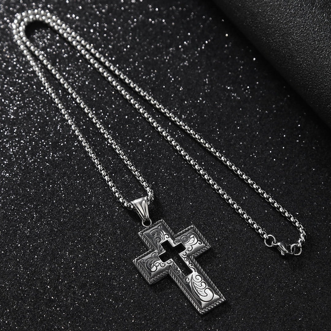 Vintage Antique Hollow Center Cross Necklace with Floral Scroll Design