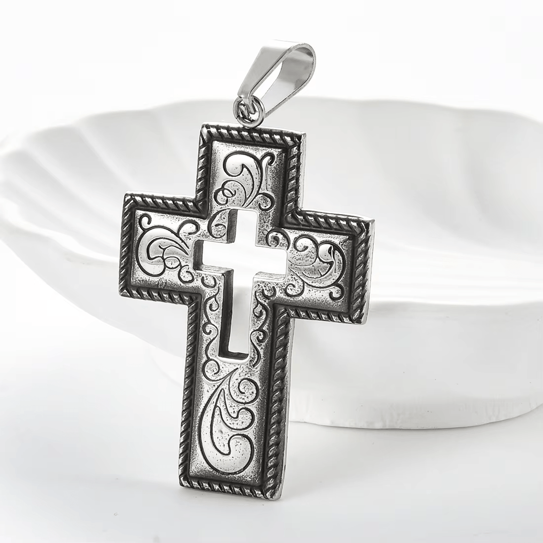 Vintage Antique Hollow Center Cross Necklace with Floral Scroll Design