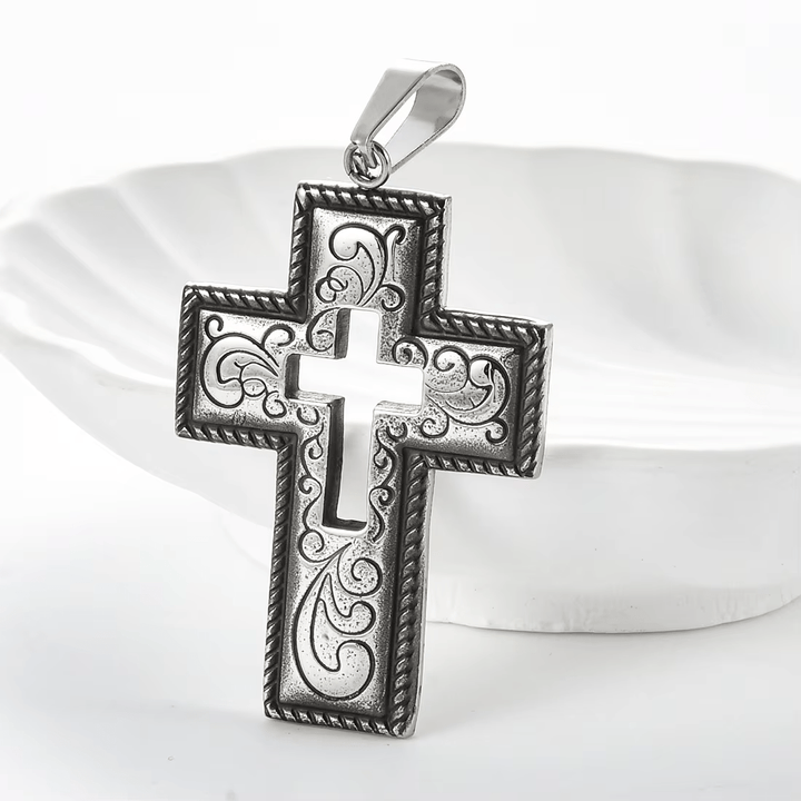 Vintage Antique Hollow Center Cross Necklace with Floral Scroll Design