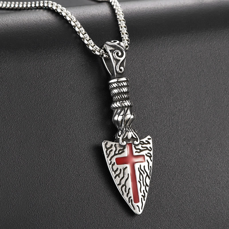 Red Cross Spearhead Necklace with Baroque Elements with Vintage Scroll Pattern