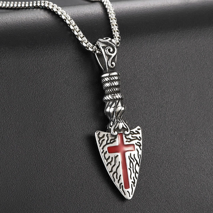 Red Cross Spearhead Necklace with Baroque Elements with Vintage Scroll Pattern