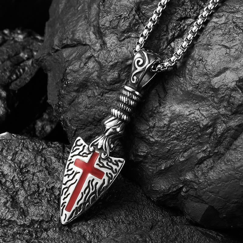 Red Cross Spearhead Necklace with Baroque Elements with Vintage Scroll Pattern